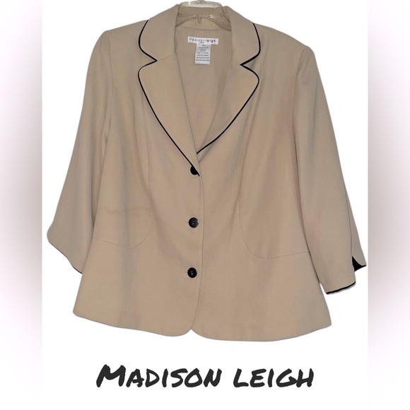 Madison Leigh Women's Tan Black Accent 3/4 Sleeve 3 Button Jacket - Size 16 - Picture 1 of 5